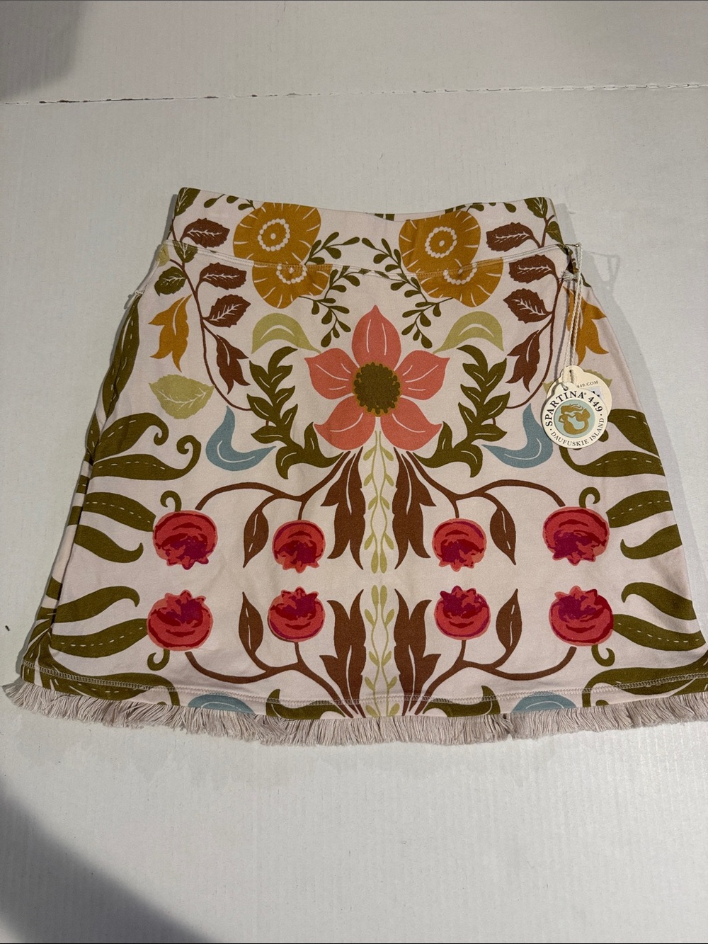 Spartina 449 Pink Floral Mini Skirt with Coral & Olive Motifs